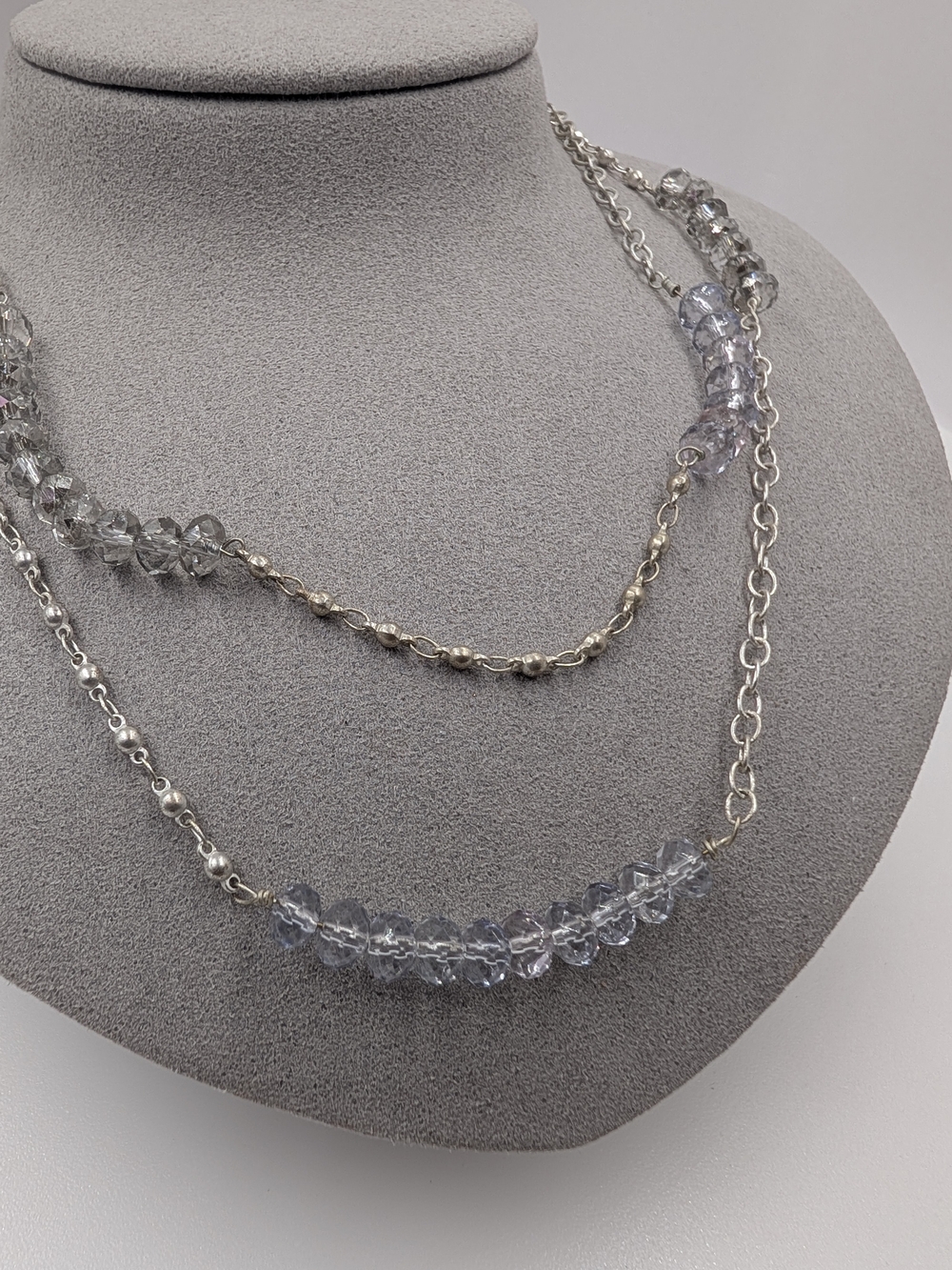 LOFT Silvertone Pastel Crystal Rondelle Bead Station Long Layering Necklace 0412